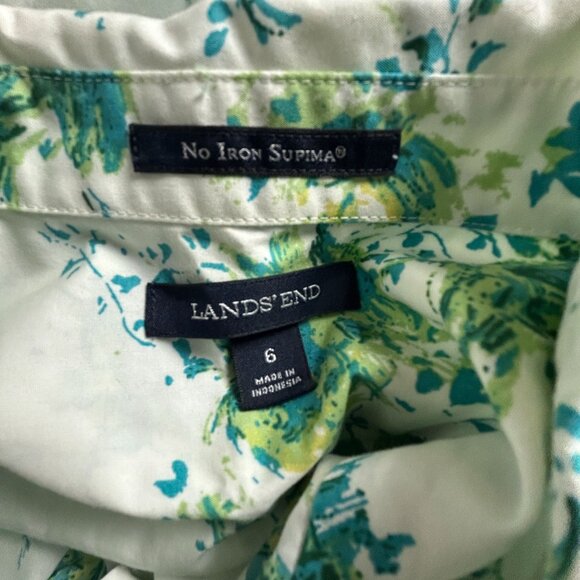Lands' End Women No-Iron Supima Cotton Floral Button-Up Shirt Size 6 Green White - Picture 3 of 7